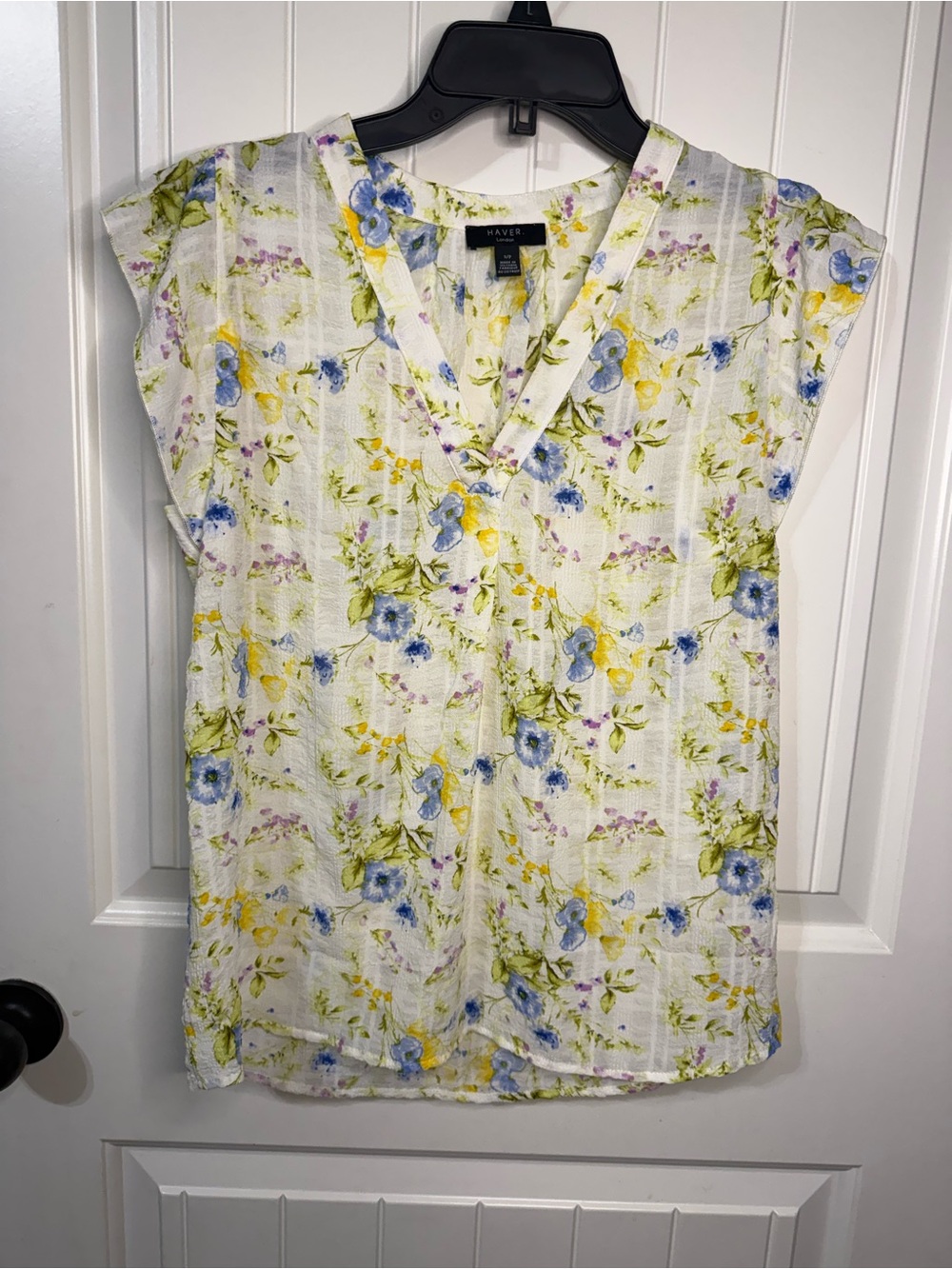 Have Floral White V-Neck Blouse with Blue, Yellow & Green Print